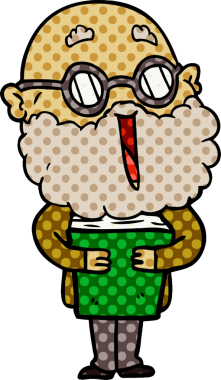 Bir insan tarafından çizilmiş sakallı ve kitaplı neşeli bir adam.