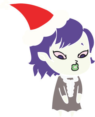 Bir insan tarafından çizilmiş Noel Baba şapkası takan vampir bir kızın düz renk çizimi.