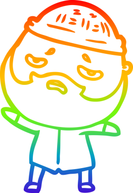 Bir insan tarafından çizilmiş sakallı, endişeli bir çizgi film çizimi.