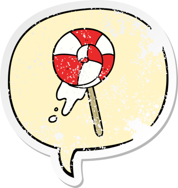 Konuşma baloncuklu geleneksel lolipop çizgi filmi bir insan tarafından çizilmiş sıkıntılı eski bir çıkartma