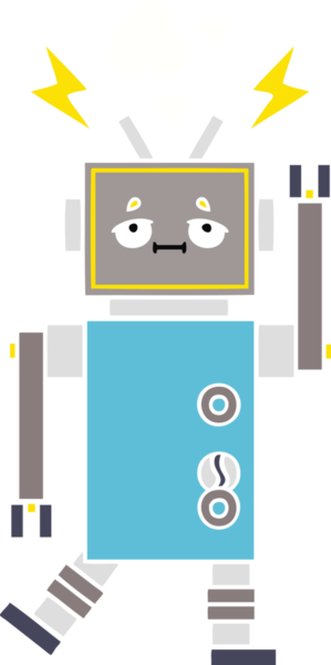 Bir insan tarafından çizilmiş arızalı bir robotun düz renk retro karikatürü