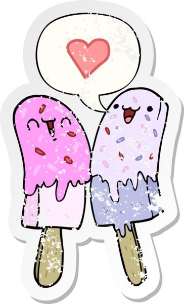 Karikatür buz lolipopu, konuşma baloncuğuna aşık. Bir insan tarafından çizilmiş sıkıntılı eski bir çıkartma.