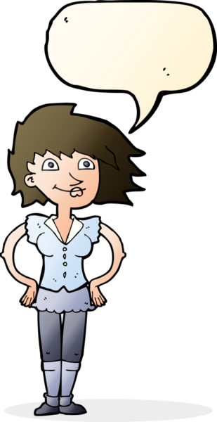 Bir insan tarafından çizilmiş konuşma balonlu elleri olan çizgi film kadını.