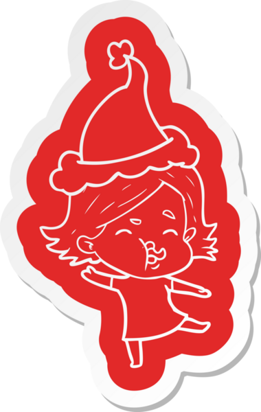 Bir insan tarafından çizilmiş Noel Baba şapkası takan bir kızın garip bir çizgi film çıkartması.