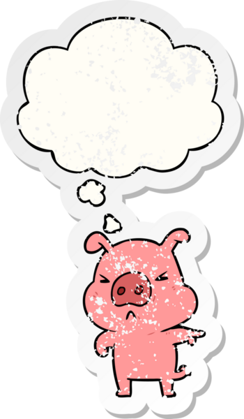 Düşünce balonlu kızgın domuz dertli bir çıkartma gibi bir insan tarafından çizilmiş.