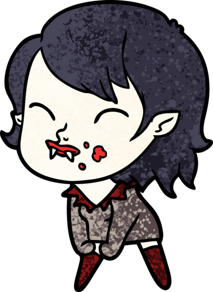 Bir insan tarafından çizilmiş yanağında kan olan vampir kız çizgi filmi.