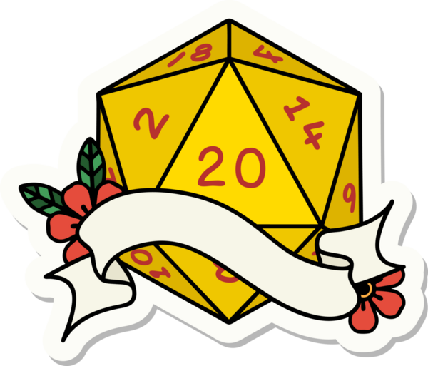 Bir insan tarafından çizilmiş 20 D20 zarının çıkartması.