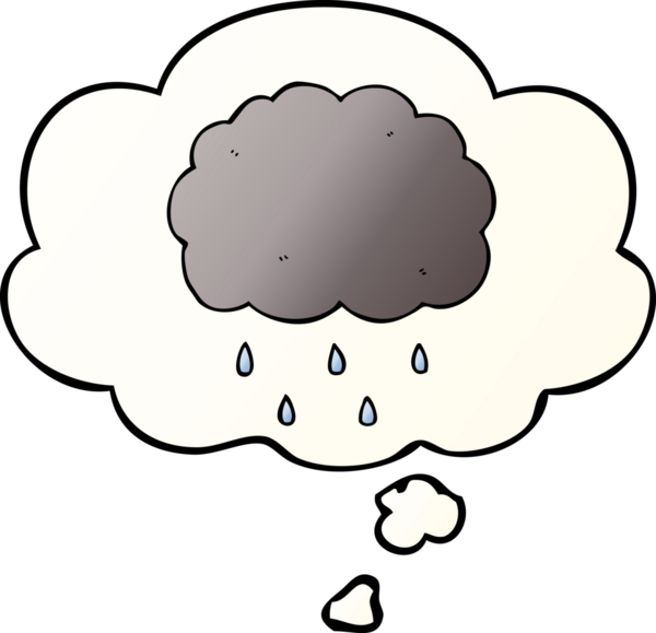 Karikatür bulutu yağmur gibi yağıyor. Düşünce baloncuğu bir insan tarafından çizilmiş gibi.