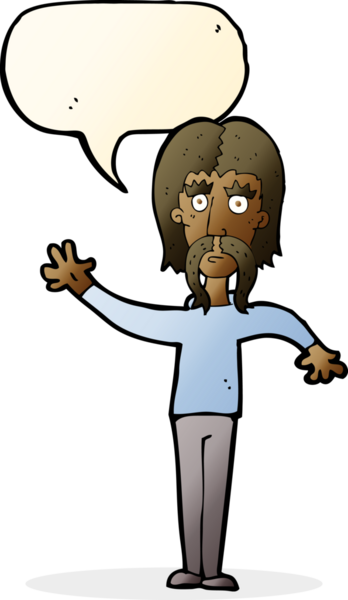 Bir insan tarafından çizilmiş konuşma balonlu bıyıklı bir çizgi film adamı.