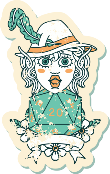 Retro Dövme Tarzı Elf Ozanı Bir insan tarafından çizilmiş doğal yirmi zar atışıyla