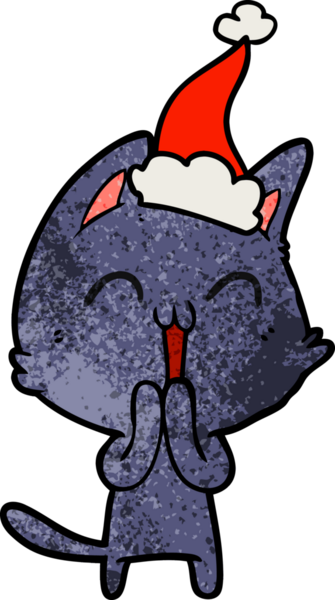 Mutlu el çizimi bir insan tarafından çizilmiş Noel Baba şapkası takan bir kedi.