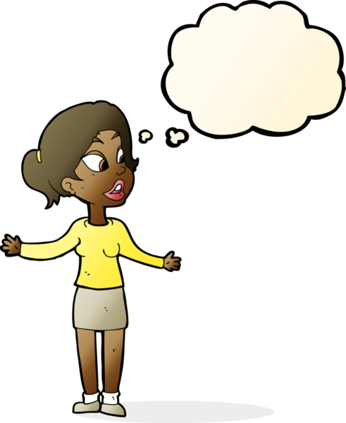 Bir insan tarafından çizilmiş düşünce baloncuğu olan bir şeyi açıklayan güzel bir kadın.