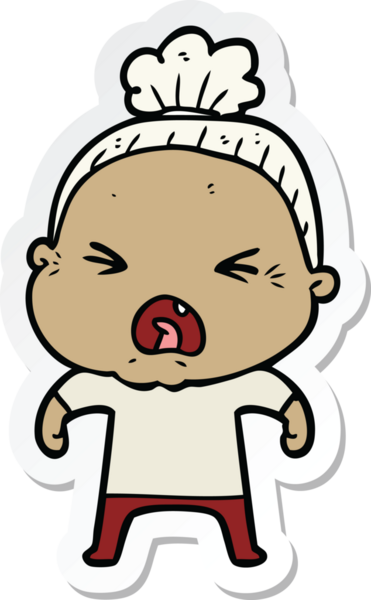 Bir insan tarafından çizilmiş kızgın yaşlı bir kadının çıkartması.