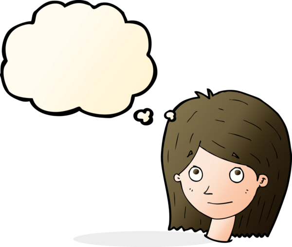 Bir insan tarafından çizilmiş düşünce baloncuklu mutlu kadın yüzü.