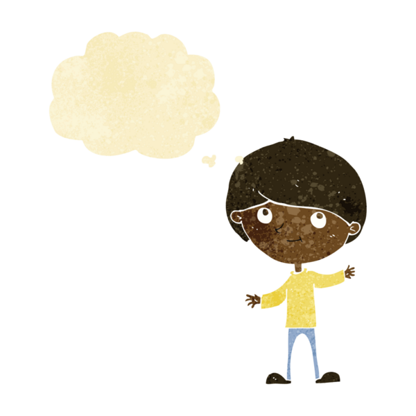 Bir insan tarafından çizilmiş düşünce balonu olan mutlu çocuk çizgi filmi.