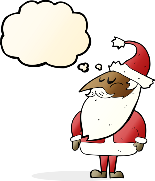 Bir insan tarafından çizilmiş düşünce baloncuklu Noel Baba çizgi filmi.