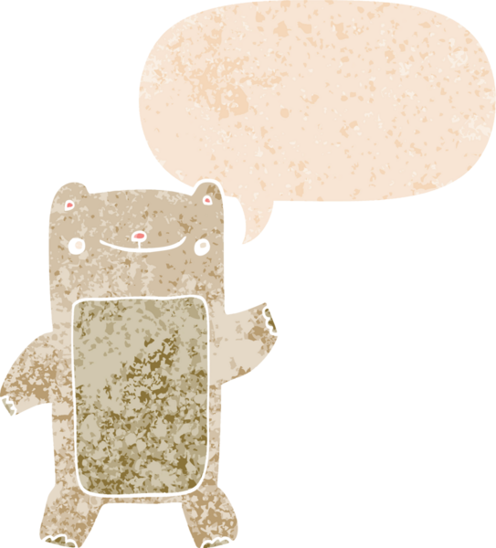 Bir insan tarafından çizilmiş grunge sıkıntılı retro tarzı konuşma baloncuğu ile çizgi film ayısı