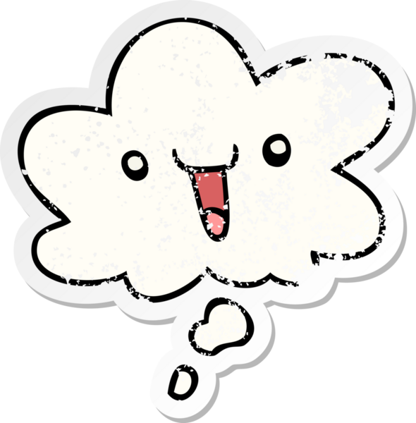 Düşünce baloncuğu olan sevimli mutlu çizgi film yüzü bir insan tarafından çizilmiş yıpranmış bir çıkartma gibi.