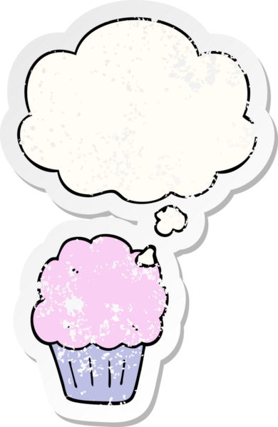 Düşünce baloncuklu çizgi film keki bir insan tarafından çizilmiş yıpranmış bir çıkartma.