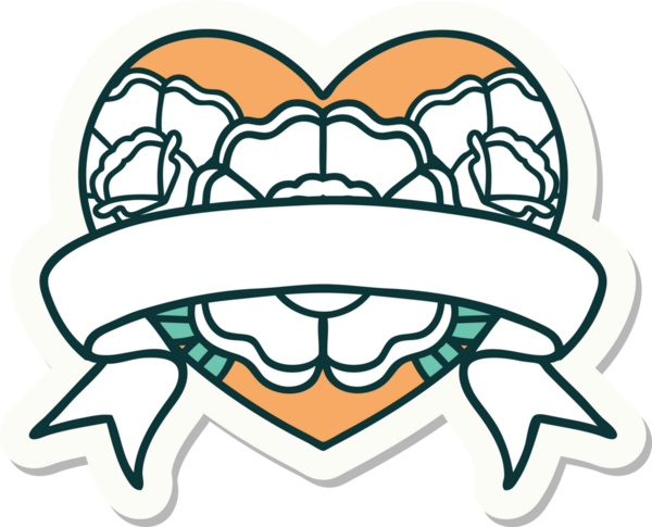 Geleneksel kalp stili dövme çıkartması ve bir insan tarafından çizilmiş çiçekli pankart.