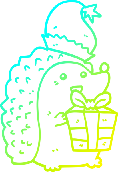 Bir insan tarafından çizilmiş Noel şapkası giyen bir kirpinin soğuk gradyan çizimi.