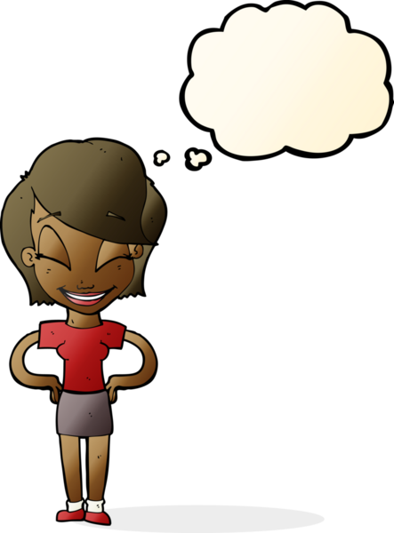 Bir insan tarafından çizilmiş düşünce baloncuğu olan elleri kalçasında çizgi film kadını.