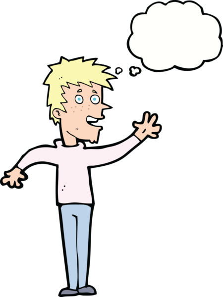 Bir insan tarafından çizilmiş düşünce baloncuğuyla el sallayan mutlu çocuk.