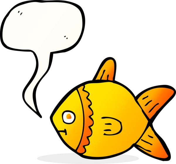 Bir insan tarafından çizilmiş konuşma balonlu çizgi film balığı.