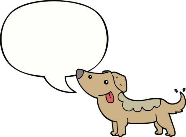 Bir insan tarafından çizilmiş konuşma balonu olan çizgi film köpeği.