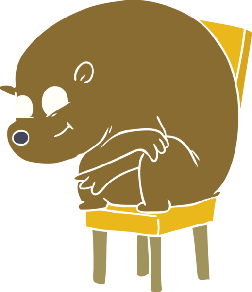 Düz renkli çizgi film ayısı bir insan tarafından çizilmiş sandalyede oturuyor.