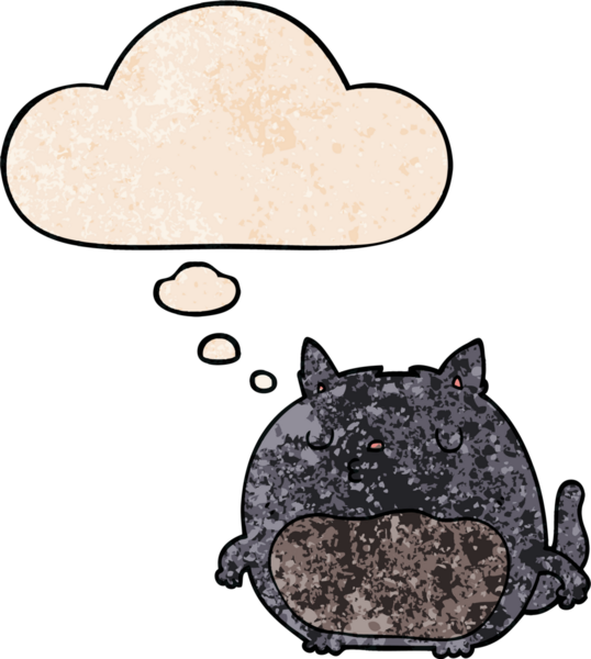 Bir insan tarafından çizilmiş grunge desenli düşünce baloncuklu çizgi film kedisi.