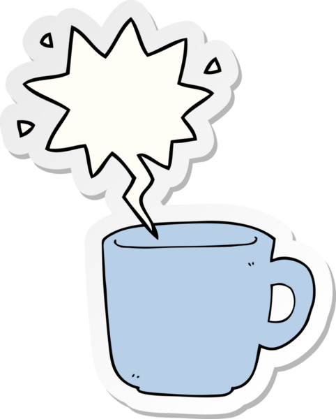 Bir insan tarafından çizilmiş konuşma balonu çıkartmalı çizgi film kahve fincanı.