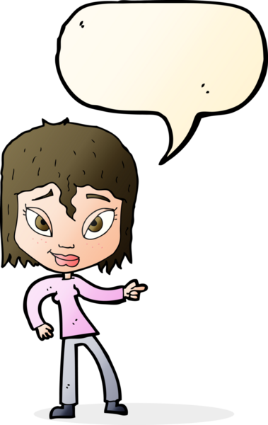 Bir insan tarafından çizilen konuşma baloncuğuyla işaret eden rahat kadın çizgi filmi.