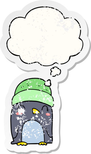 Düşünce baloncuğu olan sevimli penguen dertli bir çıkartma gibi bir insan tarafından çizilmiş.