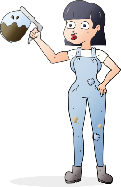 Bir insan tarafından çizilmiş bir kahveyle, eşofmanlı kadın.