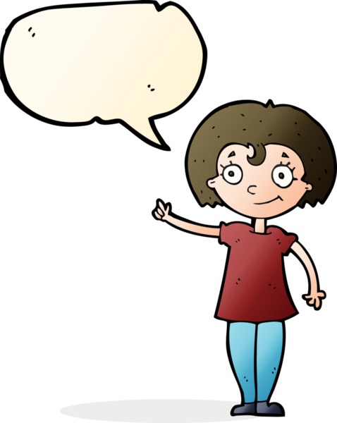 Bir insan tarafından çizilmiş konuşma balonuyla işaret eden mutlu kadın çizgi filmi.