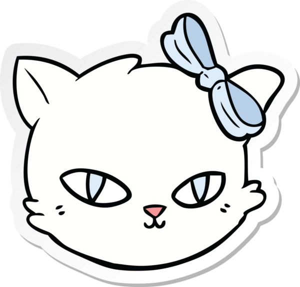 Bir insan tarafından çizilmiş fiyonk takan çizgi film kedisinin çıkartması.