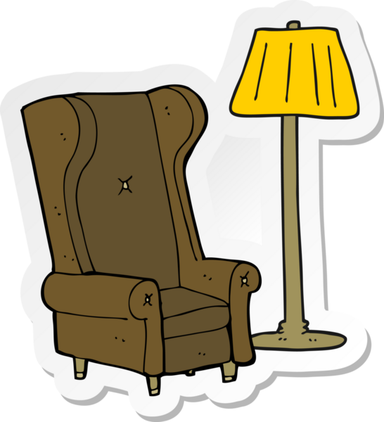 Çizgi film lambası çıkartması ve bir insan tarafından çizilmiş eski bir sandalye.