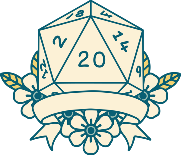 Retro Dövme Biçimi Doğal 20 kritik vuruş D20 zar bir insan tarafından çizildi