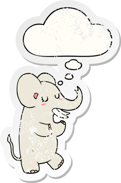 Düşünce baloncuğu olan karikatür fili insan tarafından çizilmiş yıpranmış bir çıkartma gibi.