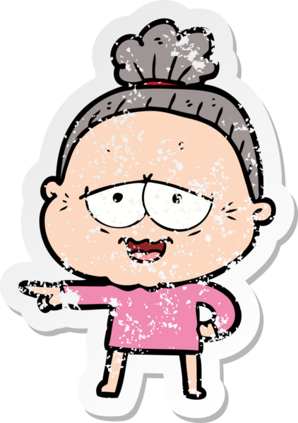 Bir insan tarafından çizilmiş mutlu, yaşlı bir kadının sıkıntılı çıkartması.