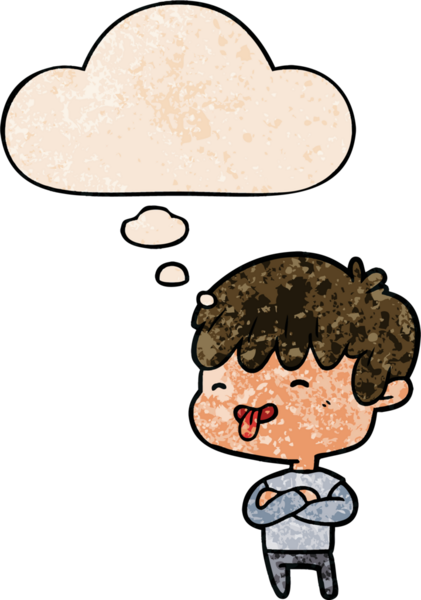 Çizgi filmci çocuk bir insan tarafından çizilmiş grunge desenli düşünce baloncuğuyla dilini dışarı çıkarıyor.