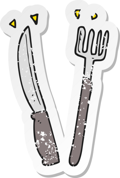 Çizgi film bıçağı ve çatalının insan tarafından çizilmiş gerilimli yapıştırması.