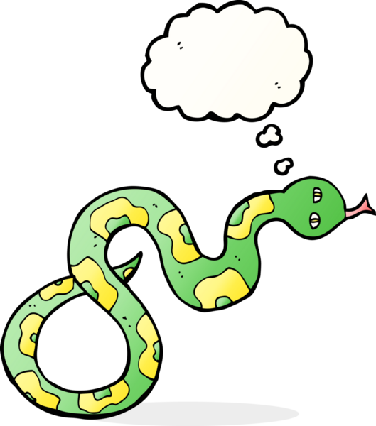 Bir insan tarafından çizilmiş düşünce baloncuklu çizgi film yılanı.