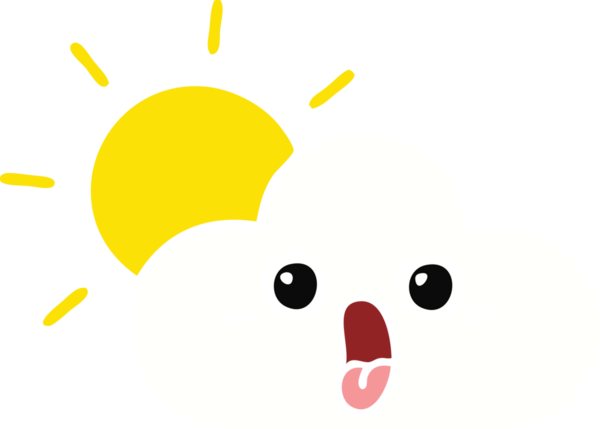 Bir insanın çizdiği düz renkli güneş ve bulut karikatürü