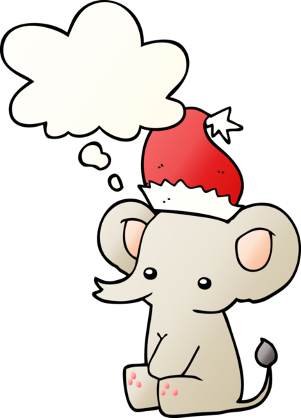 Düşünce baloncuğu olan şirin noel fili bir insan tarafından çizilmiş.