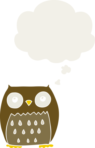 bir insan tarafından çizilmiş düşünce baloncuğu olan çizgi film baykuşu