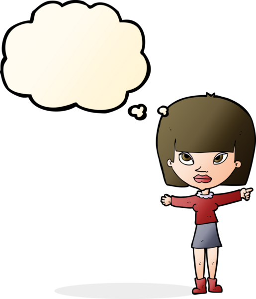 Bir insan tarafından çizilmiş düşünce balonuyla işaret eden çizgi film kadını.