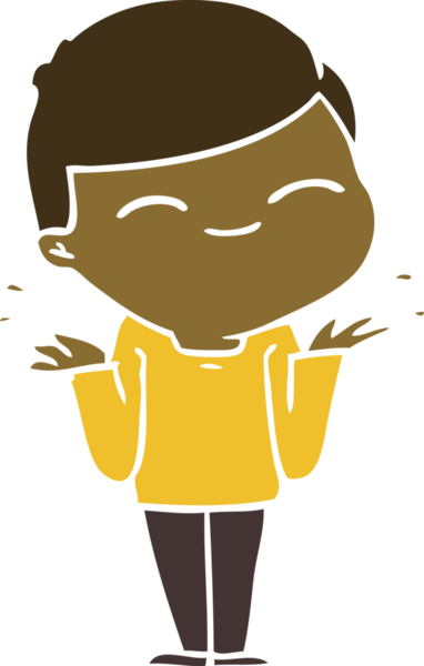 Düz renkli çizgi film karakteri gülümseyen çocuk bir insan tarafından çizilmiş omuz silkiyor.