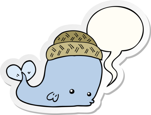 Bir insan tarafından çizilmiş konuşma balonu çıkartmalı şapka takan bir balina.
